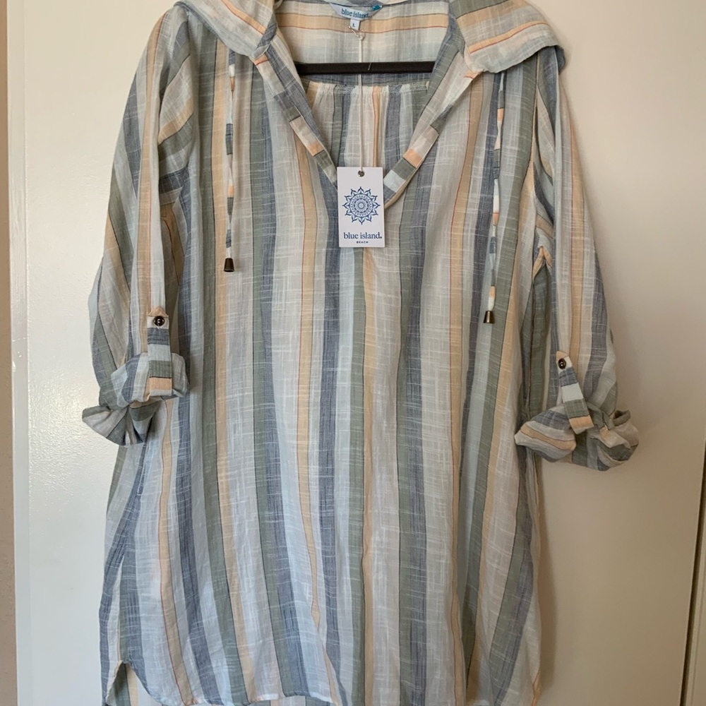 Blue Island Striped Hooded Swim Coverup - Gray, Cream, Tan